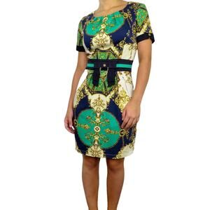 Vintage Liva Emerald Green & Gold Chain Print Regal Mini Shift Dress Small